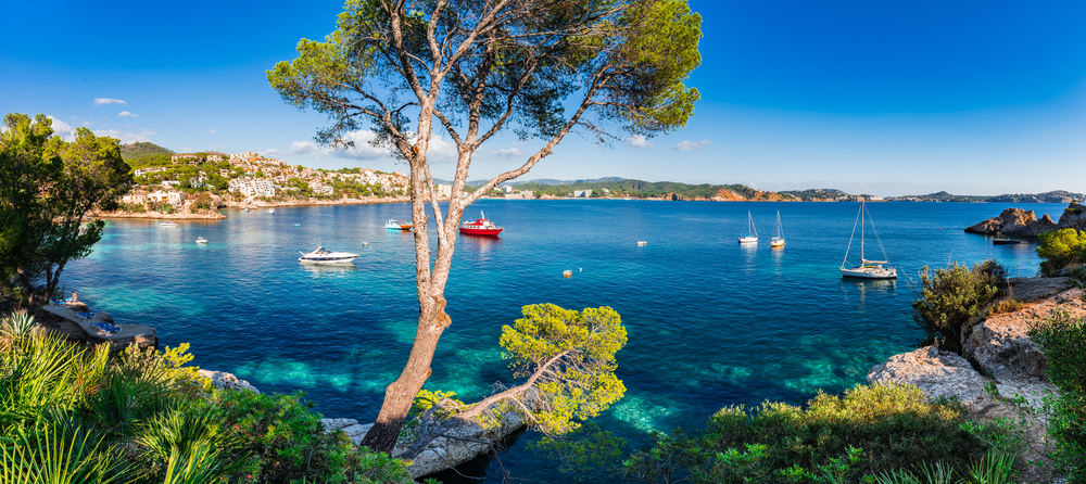 Meeresbucht auf Mallorca an einem Sommertag mit vielen kleinen Booten und einer kleinen Ortschaft im Hintergrund.